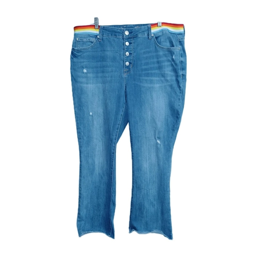 Seven7 High Rise Rainbow Distress Fray Bootcut Jeans 18W Blue Women Button Fly